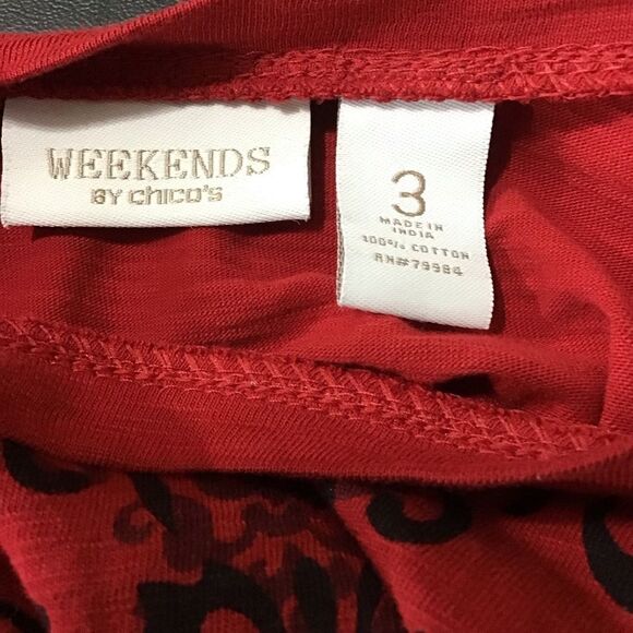 Weekends by Chico’s Red Black Damask 3/4 Sleeve Top 3 (XL) - Picture 7 of 8